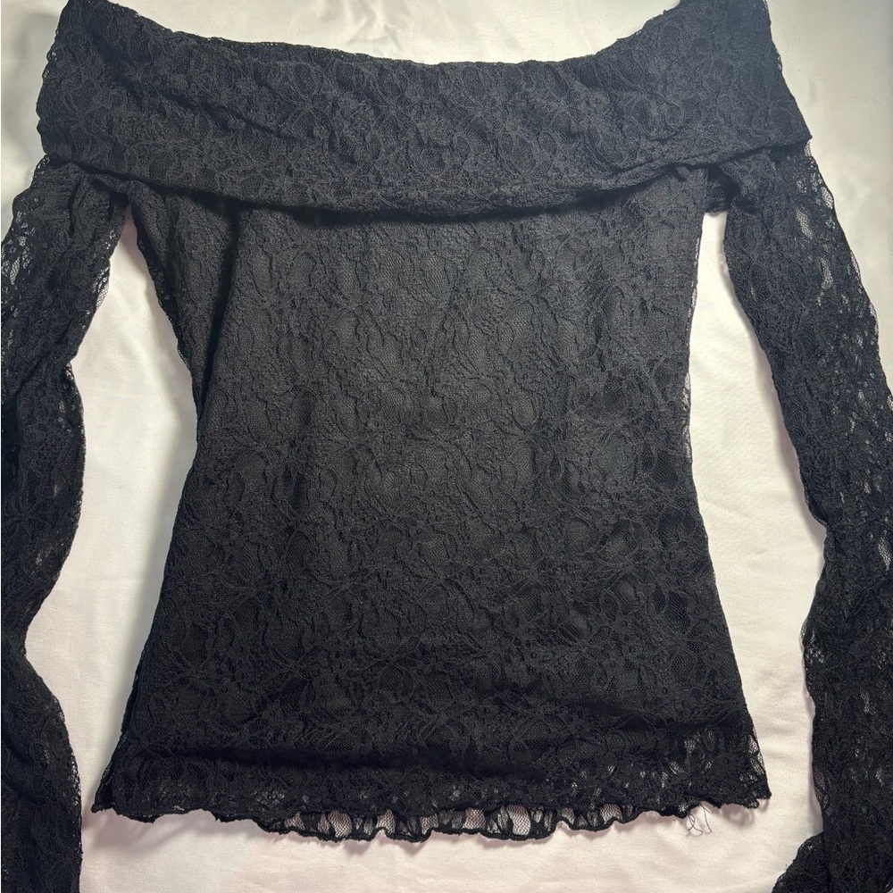 Cotton Candy Black Off-Shoulder Long Sleeve Blouse